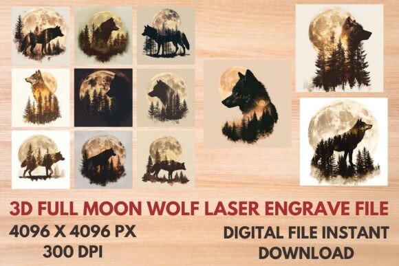 3D Full Moon Wolf Laser Engrave File: Creative Design Asset