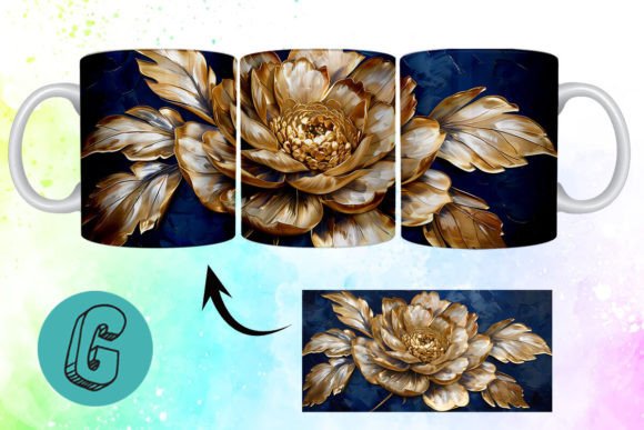 3D Oil Paint Gold Flower Mug Wrap 02: A Design Asset