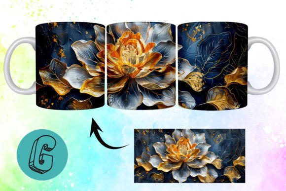 3D Oil Paint Gold Flower Mug Wrap 06: A Designer's Asset
