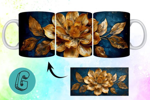 3D Oil Paint Gold Flower Mug Wrap 07