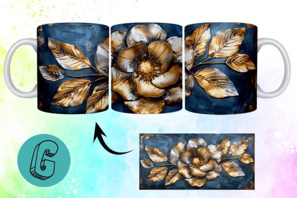 3D Oil Paint Gold Flower Mug Wrap 13: Creative Design Asset
