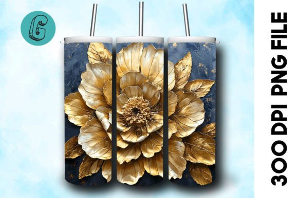 3D Oil Paint Gold Flower Tumbler Wrap: Elegant Digital Design