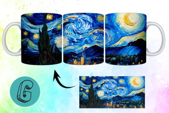 3D Oil Paint Starry Night Mug Wrap: Premium Design Asset