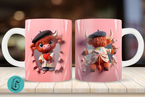 3D V-day Artist Highland Cow Mug Wrap 10