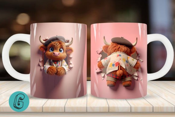 3D V-day Artist Highland Cow Mug Wrap: Creative Digital Asset