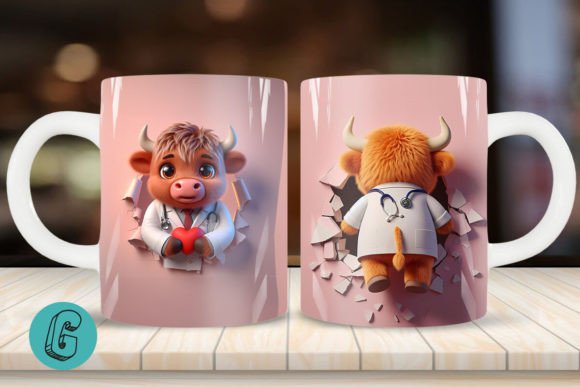 3D V-day Doctor Highland Cow Mug Wrap: A Creative Design Asset