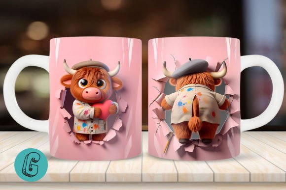 3D V-day Highland Cow Mug Wrap: Charming Digital Art
