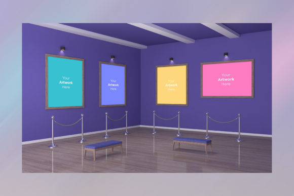 Art Gallery Four Frames Mockup 3D